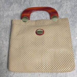 Whiting & Davis Metal Mesh Handbag Beige Lucite Tortoise‎ Handle Vintage Large